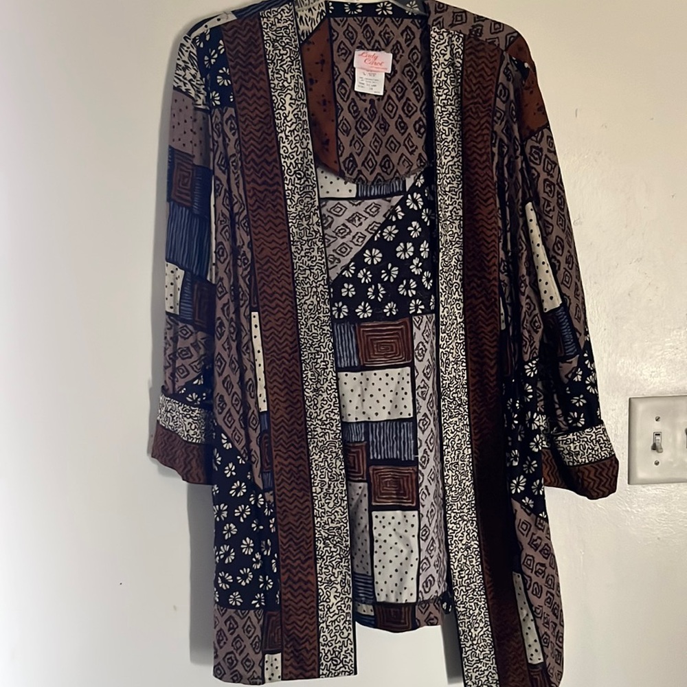 VINTAGE Lady Carol New York Open Blazer Kimono Wrap Artsy Print Size 12